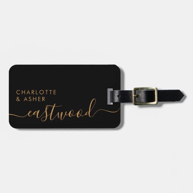 Elegant Black Gold Monogram Script Name  Luggage Tag (Front Horizontal)