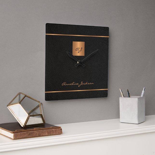 Elegant black gold monogram script name modern square wall clock (Office)