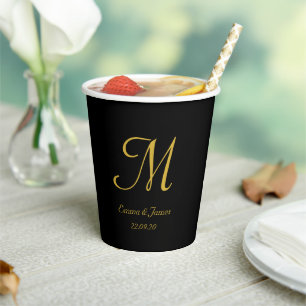 Elegant Black Gold Monogram Script Name Paper Cups