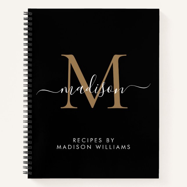 Elegant Black Gold Monogram Script Name Recipe Notebook (Front)