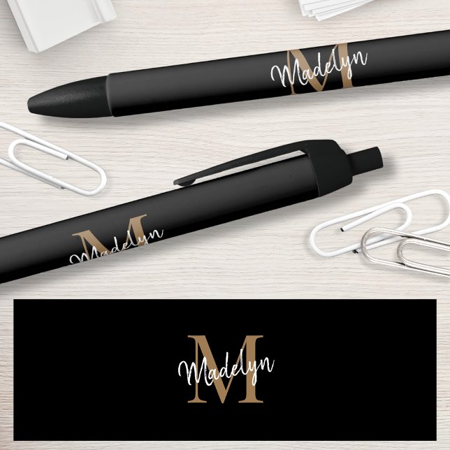 Elegant Black Gold Monogram Script Name Stylish Black Ink Pen (Creator Uploaded)