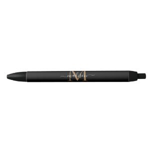 Elegant Black Gold Monogram Script Name Stylish Black Ink Pen