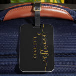 Elegant Black Gold Monogram Script Name Stylish Luggage Tag<br><div class="desc">An elegant modern minimalist sleek gold script and sans serif monogram on black. Elegant style for your travel accessory. Add your name on the front, then fill in your contact details on the back for peace of mind on the go. A chic choice for carry ons, suitcases, backpacks, work bags,...</div>