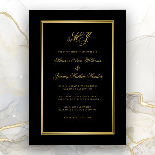 Elegant Black Gold Monogram Script Wedding Invitation