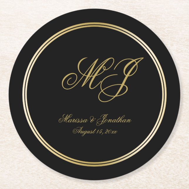 Elegant Black Gold Monogram Script Wedding Round Paper Coaster (Front)