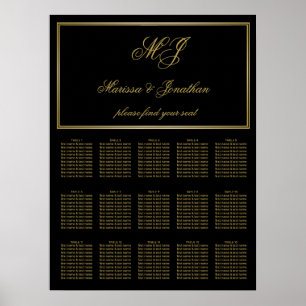 Elegant Black Gold Monogram Script Wedding Seating Poster