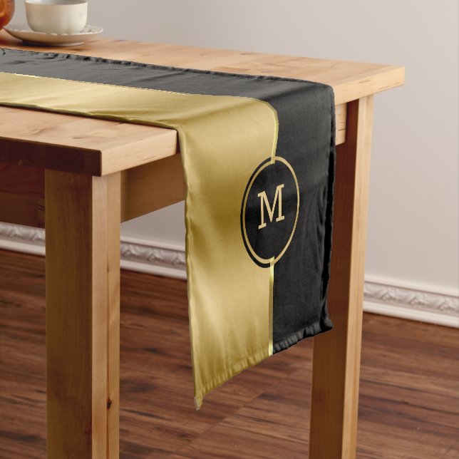 Elegant Black & Gold Monogram Short Table Runner (In Situ)