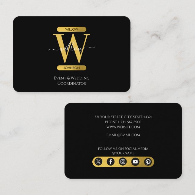 Elegant Black & Gold Monogram Social Media Icons Business Card (Front/Back)