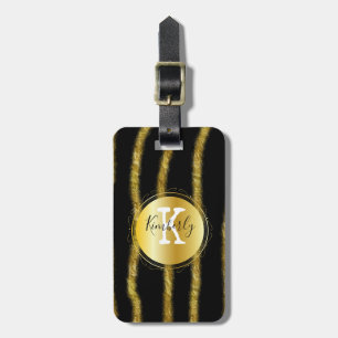 Elegant Black Gold Monogram Stripe  Luggage Tag
