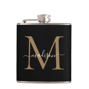Elegant Black Gold Monogram Stylish Script Name Hip Flask