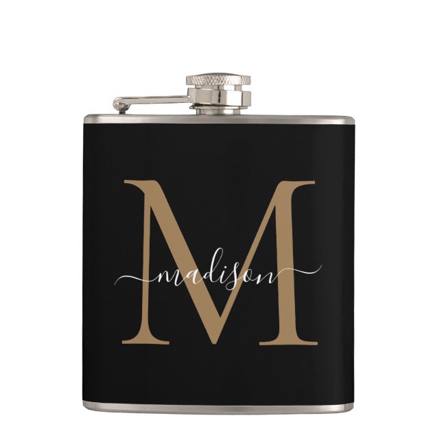 Elegant Black Gold Monogram Stylish Script Name Hip Flask (Front)
