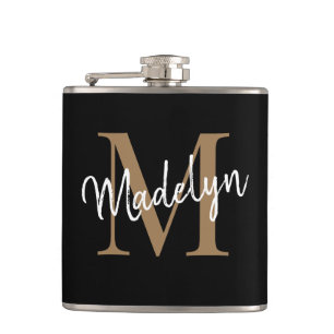 Elegant Black Gold Monogram Stylish Script Name Hip Flask