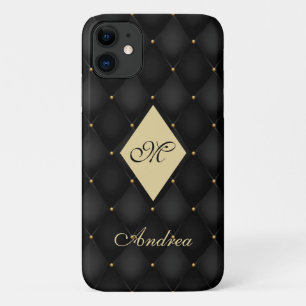 Elegant Black Gold Monogram Tufted iPhone 11 Case