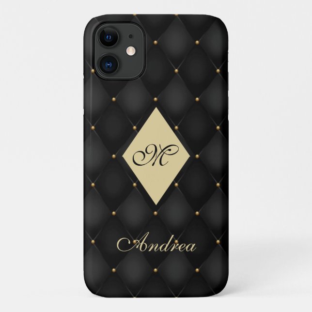 Elegant Black Gold Monogram Tufted Case-Mate iPhone Case (Back)