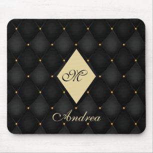 Elegant Black Gold Monogram Tufted Mouse Mat