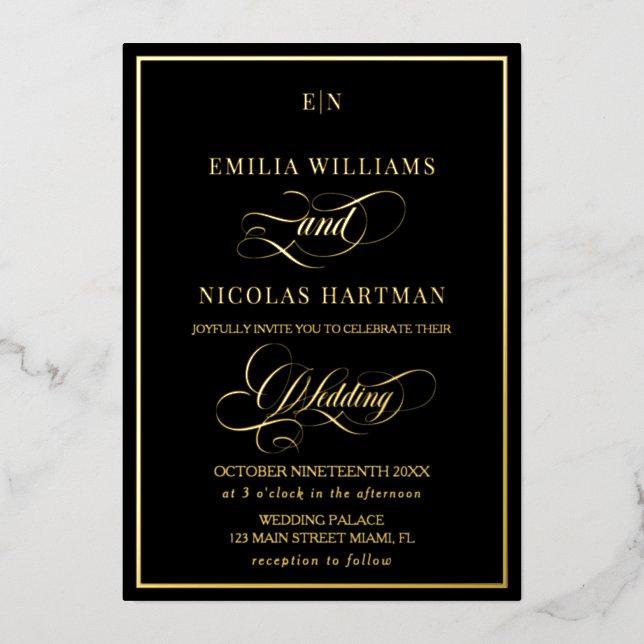 Elegant Black & Gold Monogram Wedding (Front)