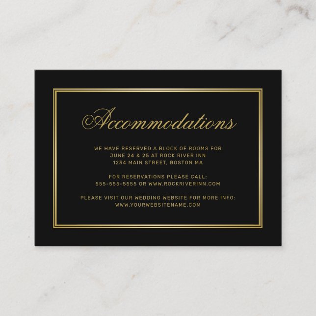Elegant Black Gold Monogram Wedding Accommodations Enclosure Card (Front)