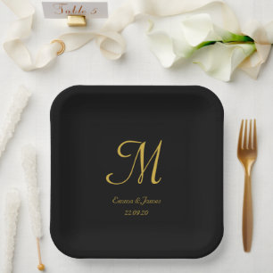Elegant Black Gold Monogram Wedding Any Party  Paper Plate