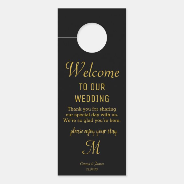 Elegant Black & Gold Monogram Wedding Door Hanger (Front)