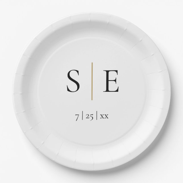 Elegant Black Gold Monogram Wedding Paper Plate (Front)