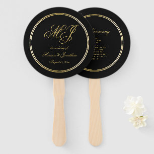 Elegant Black Gold Monogram Wedding Program Hand Fan