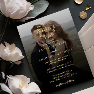 Elegant Black & Gold Monogram Wreath Photo Wedding Invitation