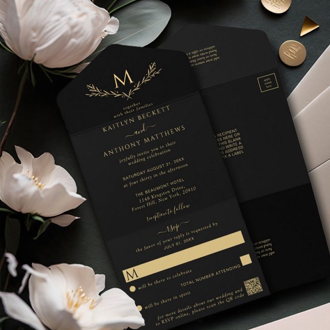 Elegant Black & Gold Monogram Wreath Wedding All In One Invitation (Creator Uploaded)