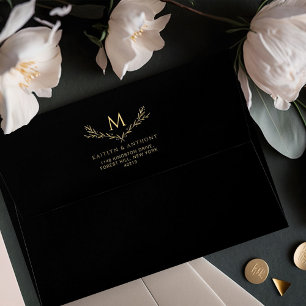 Elegant Black & Gold Monogram Wreath Wedding Envelope