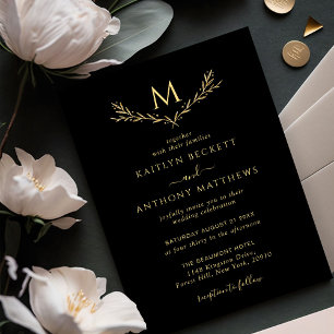 Elegant Black & Gold Monogram Wreath Wedding Invitation