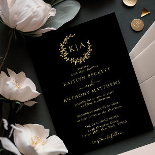 Elegant Black & Gold Monogram Wreath Wedding Invitation