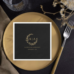 Elegant Black & Gold Monogram Wreath Wedding Napkin