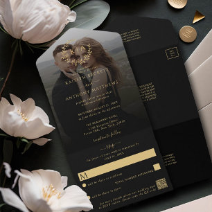 Elegant Black & Gold Monogram Wreath Wedding Photo All In One Invitation