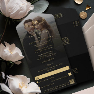 Elegant Black & Gold Monogram Wreath Wedding Photo All In One Invitation