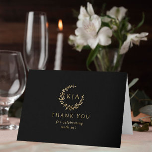 Elegant Black & Gold Monogram Wreath Wedding Photo Thank You Card