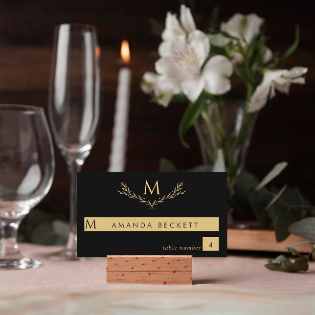 Elegant Black & Gold Monogram Wreath Wedding Place Card (Creator Uploaded)