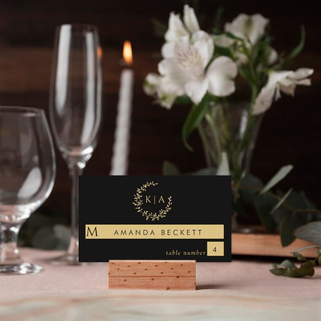Elegant Black & Gold Monogram Wreath Wedding Place Card (Creator Uploaded)