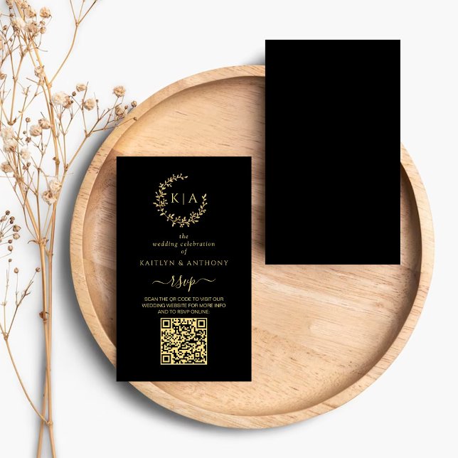 Elegant Black & Gold Monogram Wreath Wedding RSVP Enclosure Card (Creator Uploaded)