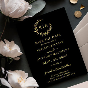 Elegant Black & Gold Monogram Wreath Wedding Save The Date