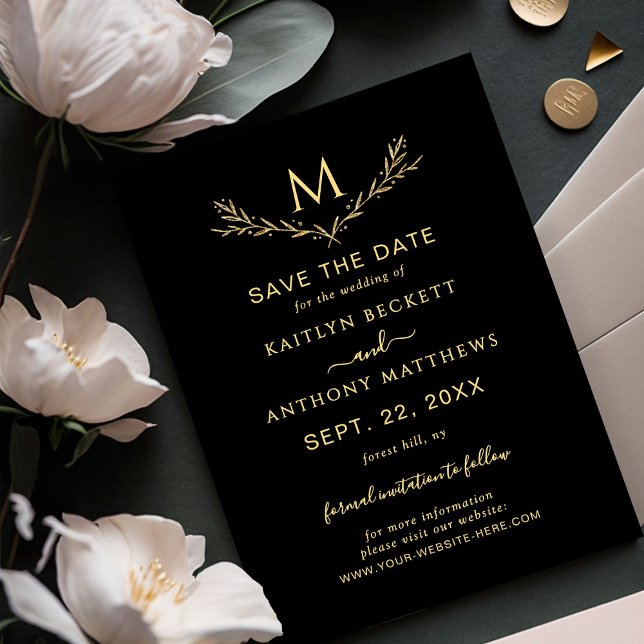 Elegant Black & Gold Monogram Wreath Wedding Save The Date (Creator Uploaded)