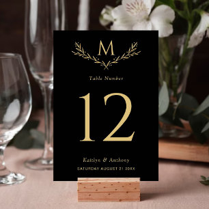 Elegant Black & Gold Monogram Wreath Wedding Table Number