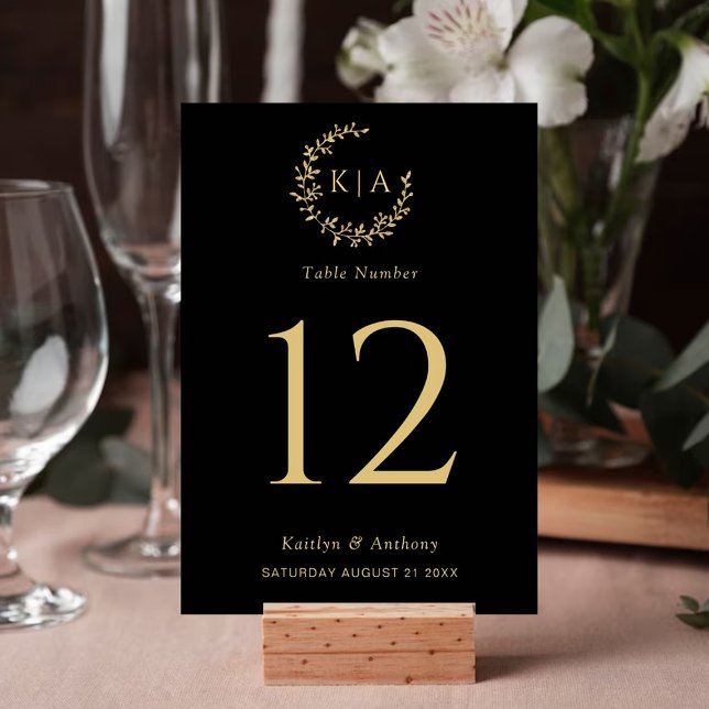 Elegant Black & Gold Monogram Wreath Wedding Table Number (Creator Uploaded)