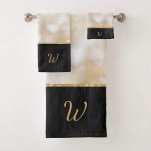 Elegant Black Gold Monogrammed Initial Bath Towel Set