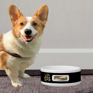 Elegant Black & Gold Monogrammed Name Dog Bowl