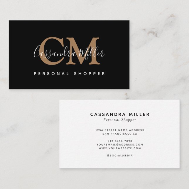 Elegant Black Gold Monogrammed Name Professional Business Card (Front/Back)