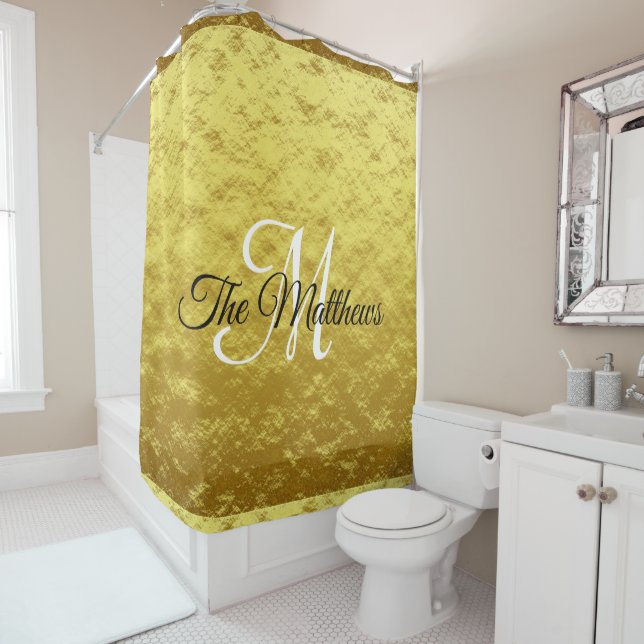Elegant Black Gold Monogrammed Name Shower Curtain (In Situ)
