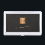 Elegant black gold monogrammed script name business card holder<br><div class="desc">Trendy luxury exclusive looking monogrammed gold business card case featuring a faux gold square over a stylish classy black leather look (printed) background.             Personalise it with your white script signature name and monogram name initials.</div>