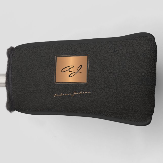 Elegant black gold monogrammed script name golf head cover (Front)