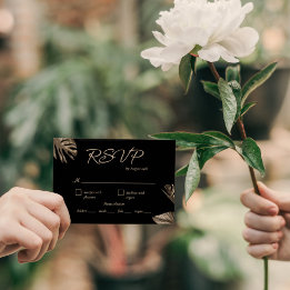 Elegant Black Gold Monstera Wedding Meal Choice RSVP Card