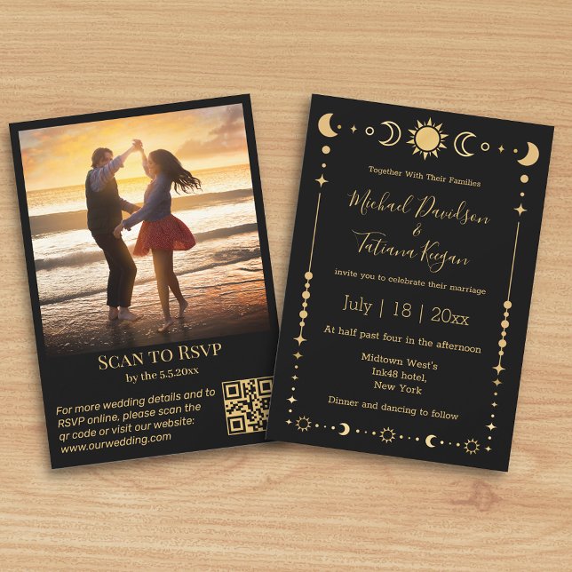 elegant black gold mystical photo qr code wedding invitation (Creator Uploaded)