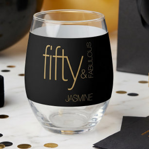 Elegant Black Gold Name Fifty & Fabulous Birthday Stemless Wine Glass
